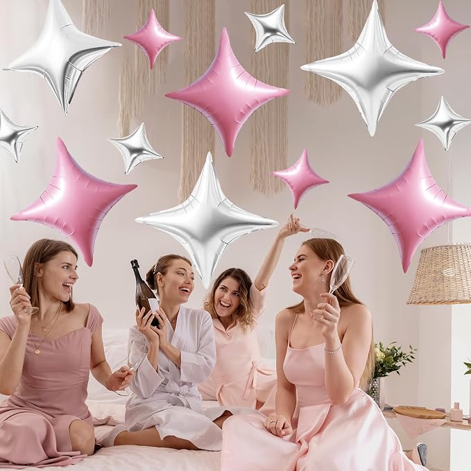 TONIFUL 30 Pcs Four Pointed Star Balloon 26In&10In Pink Silver Foil Balloon | - Image 4