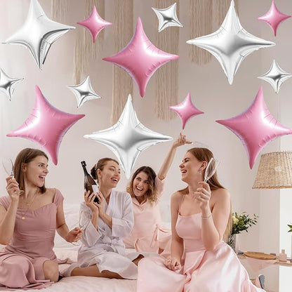TONIFUL 30 Pcs Four Pointed Star Balloon 26In&10In Pink Silver Foil Balloon | - Image 4