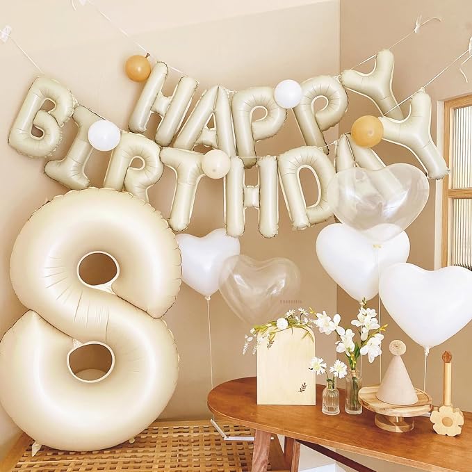 Happy Birthday Balloons Banner Beige, 16 Inch Cream White Foil Letters Birthday - Image 5