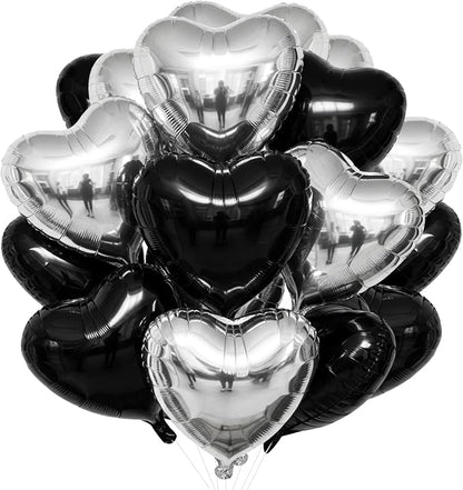 TONIFUL 30 Pcs Black Silver Heart Balloons 18 Inch Heart Shape Foil Balloon | by TONIFUL