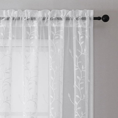 White Sheer Curtains Leaf Embroidery Linen 96 Inches Long | Light Filtering - Image 3