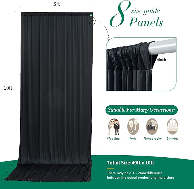 40 ft x 10 ft Wrinkle Free Black Backdrop Curtain - Image 5