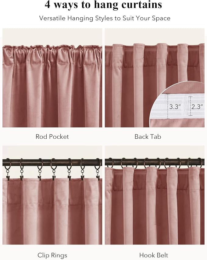 Dusty Pink Velvet Curtains for Girls Bedroom, W52 x L84, 2 Panels | Thermal - Image 2