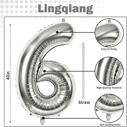 40" Silver Number 6 Balloon for Girls Boys, Large Self Inflating Helium Foil - Image 2