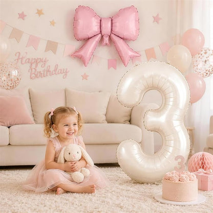 40 Inch Cream Number 7 with Pink Bow Balloons, Giant Self Inflating Beige Cream - Image 6