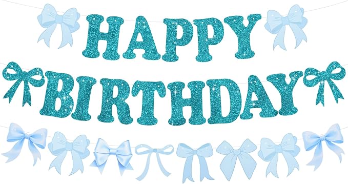 Glitter Lake Blue Bow Happy Birthday Banner Pre-Strung Happy Birthday by RICHHHA