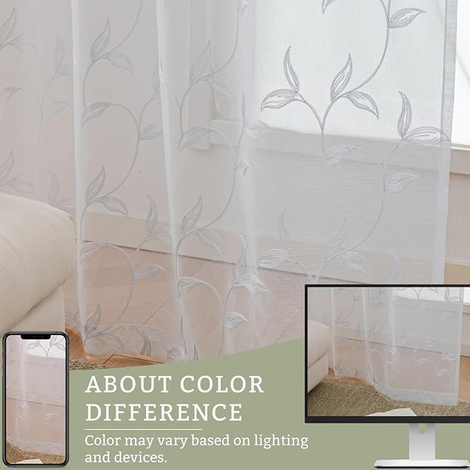 White Sheer Curtains Boho Leaf Floral Embroidered 54Wx90L | Light Filtering - Image 9