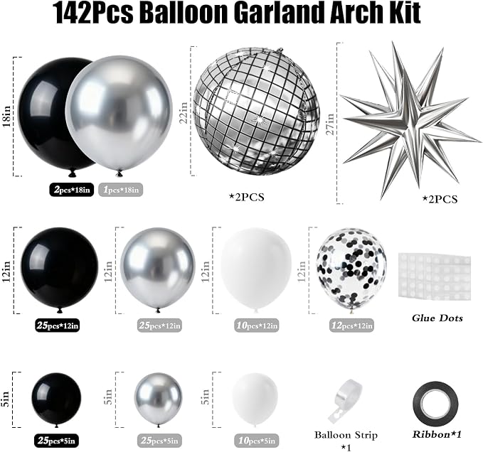 Black and Silver Disco Balloon Arch Garland Kit | Premium Latex Balloons - Image 6
