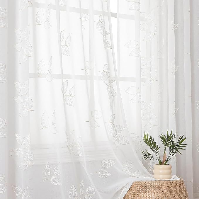 Beige Sheer Curtains Leaf Embroidered 63 Inches Long 2 Panels | Light Filtering - Image 5