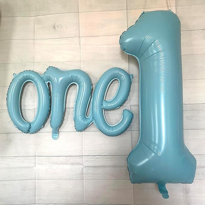 2Pcs Matte Blue Foil 40" Number 1 and 26" Script Letter One Balloon Set | Large - Image 6