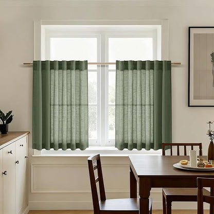Olive Green Linen Curtains 30 Inch Length Short Kitchen, Semi Sheer Boho Cafe - Image 5