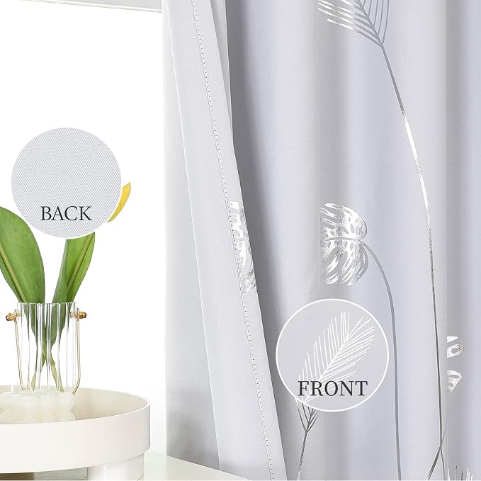 Greyish White 108 Inches Long Silver Palm Window Curtain Panels Room Darkening - Image 3