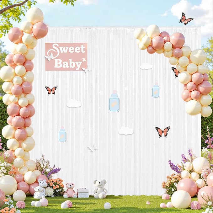 2×8FT-4PCS White Sequin Backdrop Curtains Panels, Photography Backdrop Glitter - Image 2