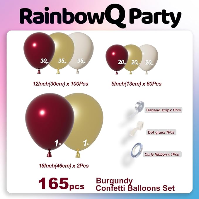 RainbowQ 165 Pcs Burgundy and Gold Balloons Arch Kit Different Sizes | Metallic - Image 3