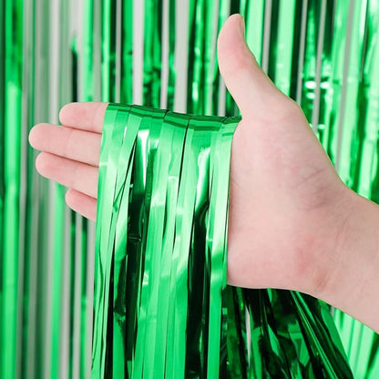 Voircoloria Green Foil Fringe Backdrop Curtains, 3 Pack | Tinsel Streamers - Image 2