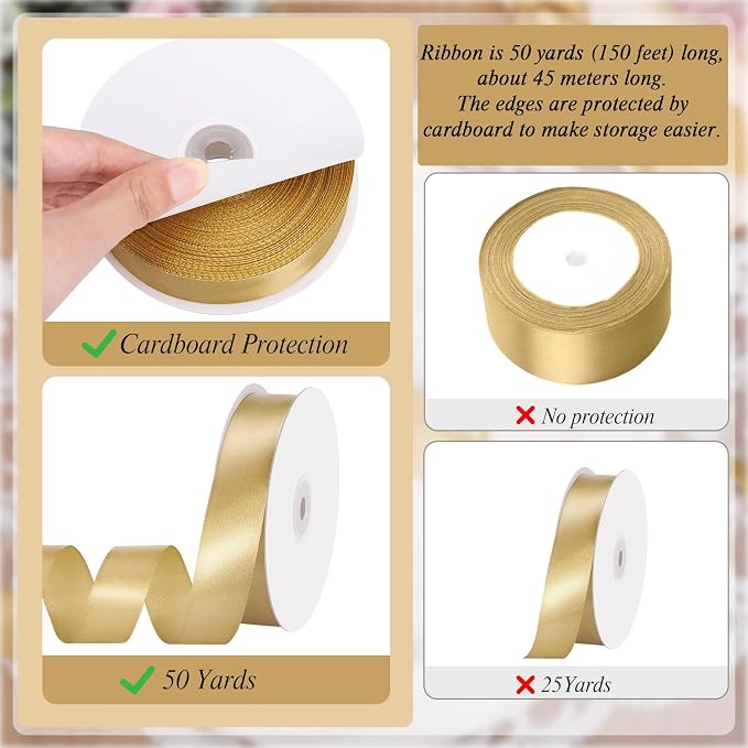 woric Gold Ribbon 1 Inch 50 Yards Gold Satin Ribbon Gift Bows | Wedding Floral - Image 2