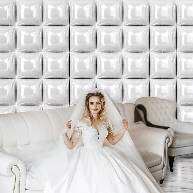 NISOCY 48PCS White Square Foil Balloons Wall Backdrop | Double Sided Pearl - Image 5