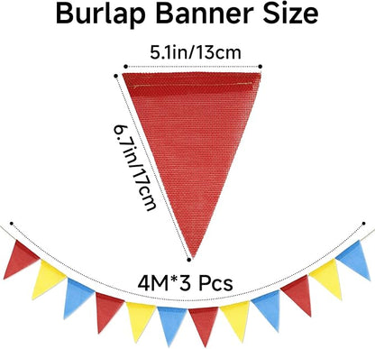 G2PLUS Pre-Strung Burlap Pennant Banners, 39Ft Red Yellow Blue Triangle Flag - Image 2