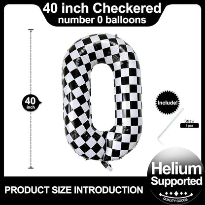 Checkered Number 0 Balloons 40 Inch Giant Race Car Checkered 0 Balloons - Image 2