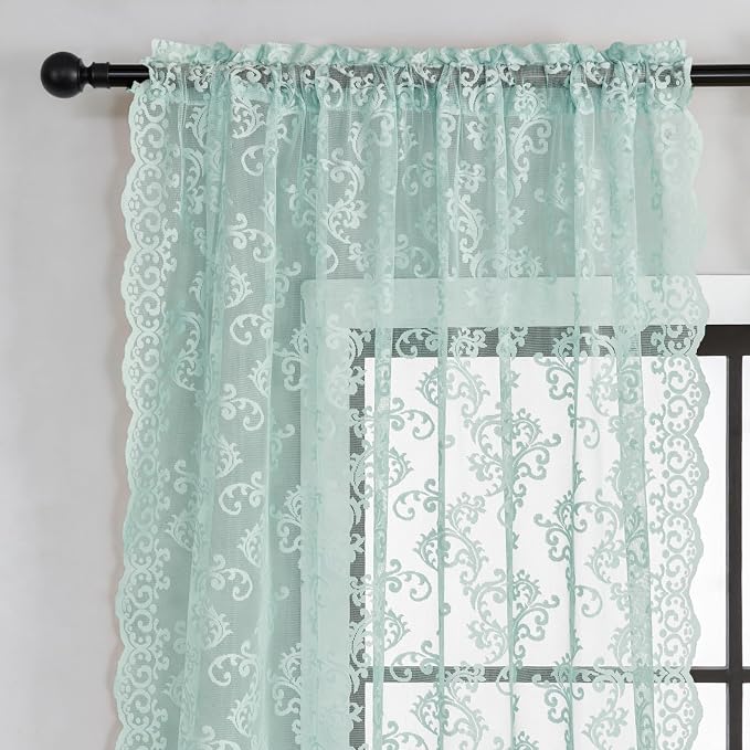 Pastel Turquoise Lace Curtains 96 Inches Long Rod Pocket Light Teal Paisley - Image 3