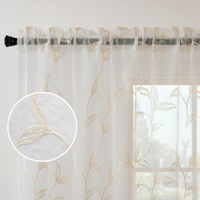 Sheer Curtains Boho Leaf Floral Embroidered Cream Beige 54Wx96L | Light - Image 3