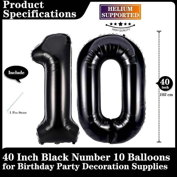 Black 10 Number Balloons, 40 Inch Giant Number 10 Balloons Foil Mylar Helium - Image 2