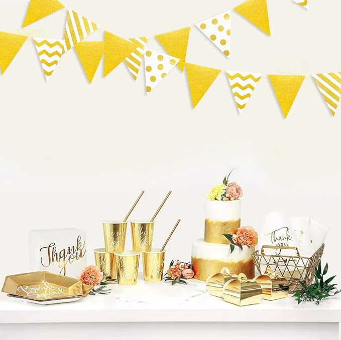 39Ft White and Gold Party Decorations Polka Dot Stripe Triangle Pennant Banner - Image 4