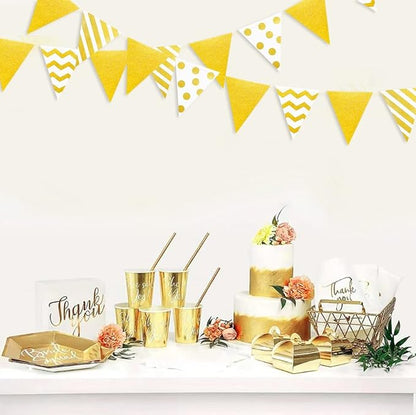 39Ft White and Gold Party Decorations Polka Dot Stripe Triangle Pennant Banner - Image 4