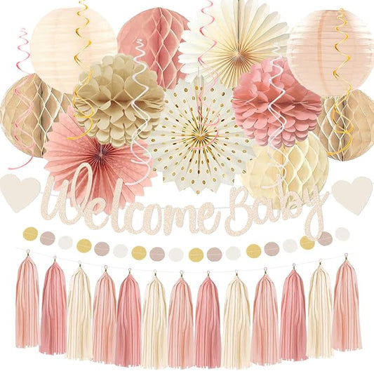 Dusty Pink Boho Baby Shower Party-Decorations Beige Champagne Girl Welcome Baby by Vztipki
