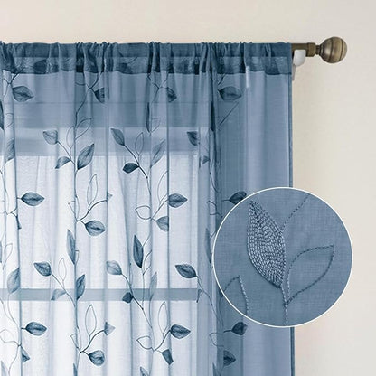 HOMEIDEAS Stone Blue Floral Sheer Curtains 84 Inches Long 2 Panels Embroidered - Image 5