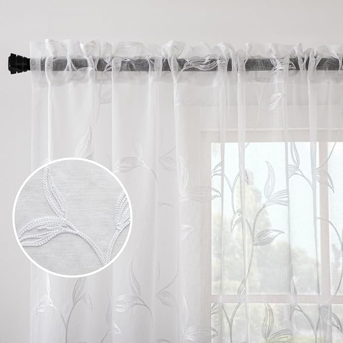 White Sheer Curtains Boho Leaf Floral Embroidered 54Wx108L | Light Filtering - Image 3