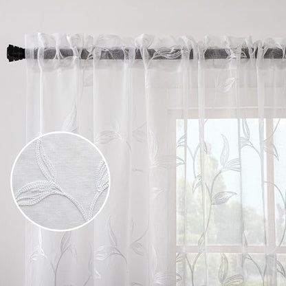 White Sheer Curtains Boho Leaf Floral Embroidered 54Wx84L | Light Filtering - Image 3