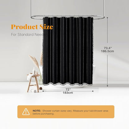 Black and White Boho Linen Heavy Duty Cloth Shower Curtain Set, 72x72 | 330GSM - Image 7