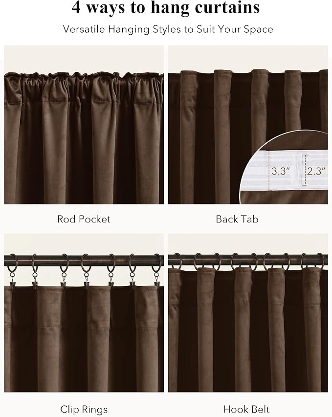 Brown Velvet Curtains Blackout for Living Room, W52 x L96, 2 Panels | 300GSM - Image 2