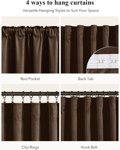 Brown Velvet Curtains Blackout for Living Room, W52 x L96, 2 Panels | 300GSM - Image 2