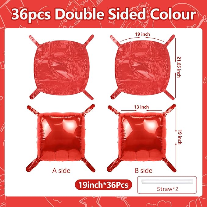 NISOCY 36PCS Metallic Red Square Foil Balloons Wall Backdrop | Double Sided Red - Image 2