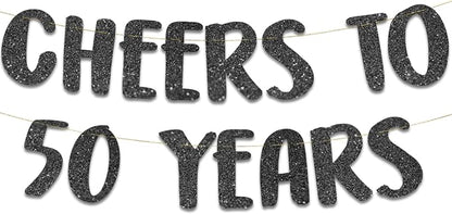 Pre-Strung Cheers to 50 Years Black Glitter Banner by SterlingJamesCo