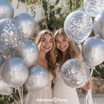 RainbowQ Metallic Silver Balloons 55Pcs 12 Inch Confetti Helium | Chrome Silver - Image 4