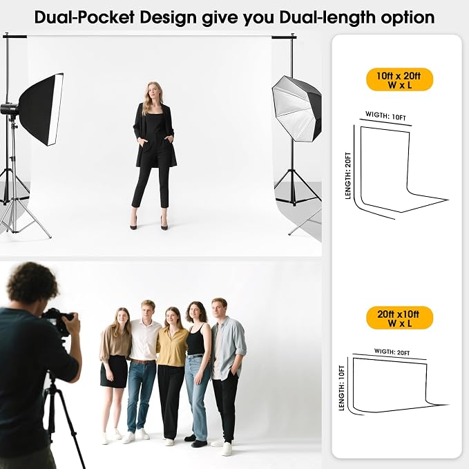 CPLIRIS 10x20ft White Backdrop for Photography, Dual-Size Dual-Pocket Design - Image 3