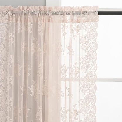 Kotile Blush Pink Lace Curtains Country Floral W42 x L36 Inch, 2 Panels | Rod - Image 2