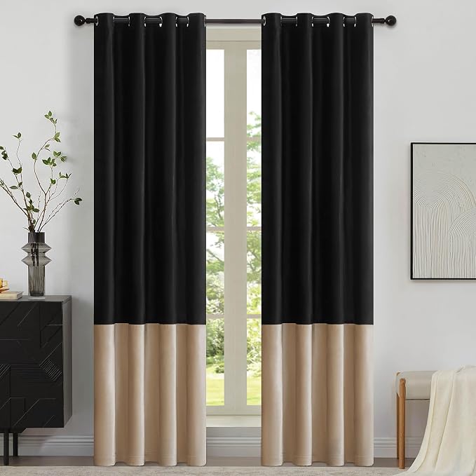 Black Beige Velvet Blackout Curtains Luxury Decor 90 inches, Color Block | by ModernShinyVelvetCurtains