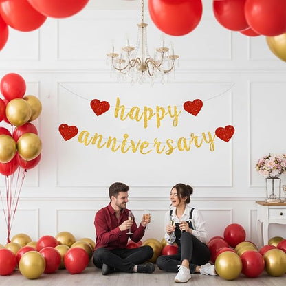 BEISHIDA Glitter Pre-Strung Gold Happy Anniversary Banner Decoration | NO DIY - Image 6