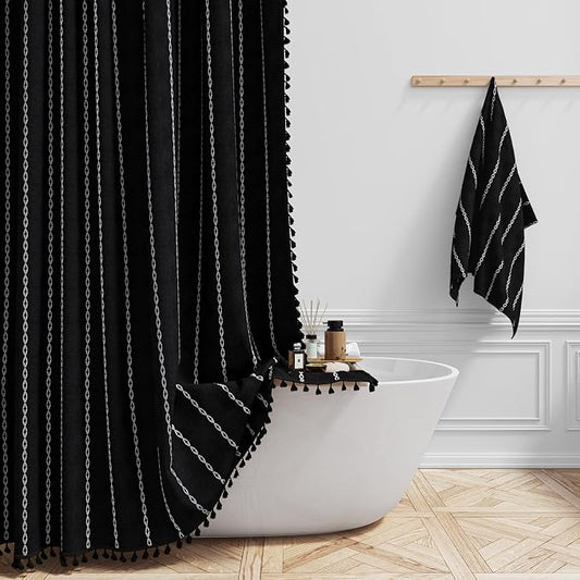 Black and White Boho Linen Heavy Duty Cloth Shower Curtain Set, 72x72 | 330GSM by ShowerCurtain