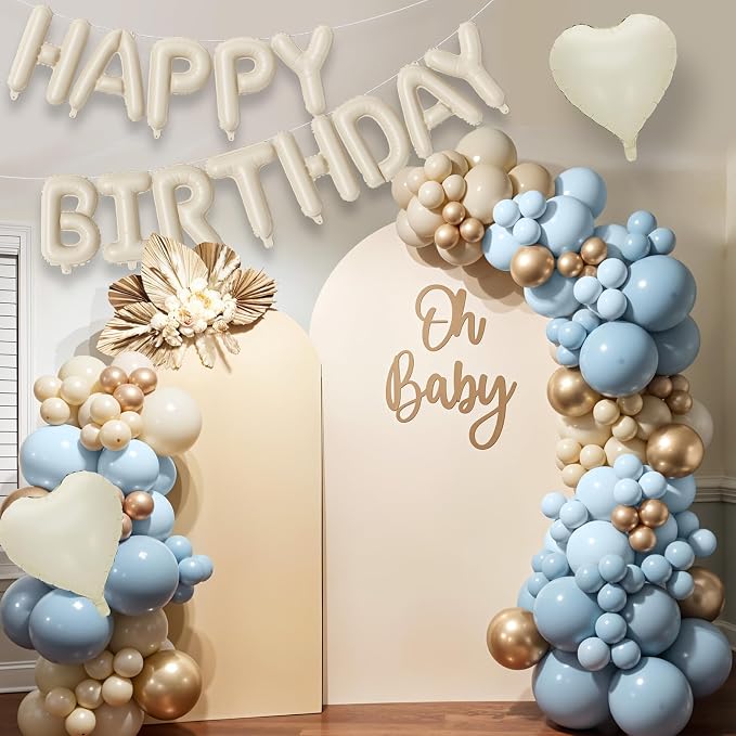 Happy Birthday Balloon Banner Cream Blue, 16 Inch Beige Mylar Letters Heart - Image 2