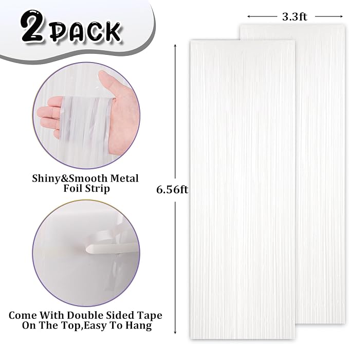 Voircoloria Pastel White Foil Fringe Backdrop Curtains, 2 Pack | Tinsel - Image 3