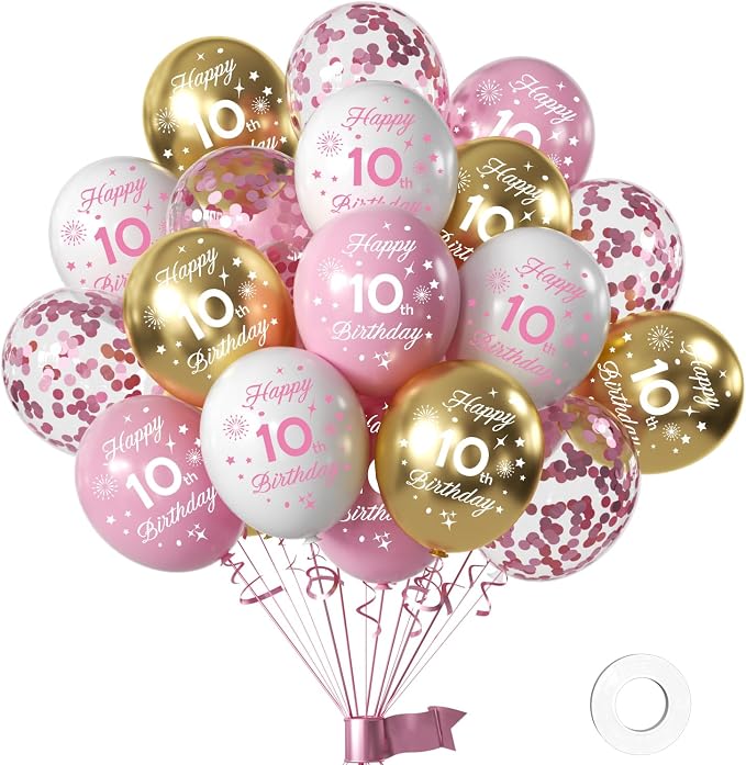Pink 10th Birthday Balloons for Girls by Hongplus