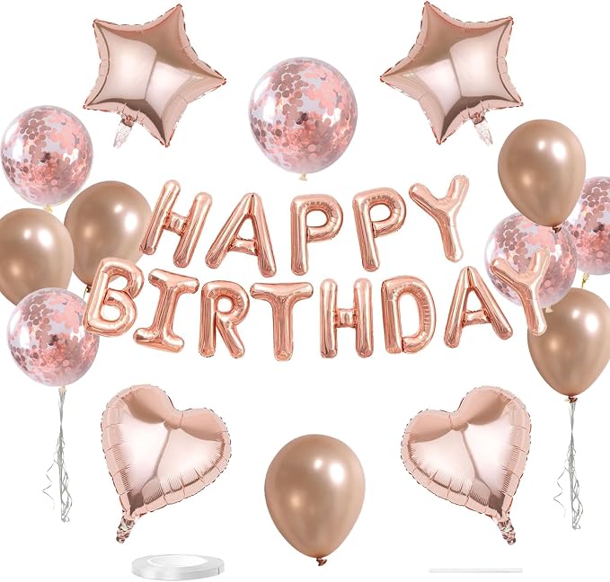 27 Pcs Rose Gold Birthday Decorations, 3D Foil Rose Gold Happy Birthday Balloon by WEIKA