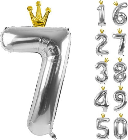 Silver Number 7 Balloon with Crown, 40 inch Silver Number Balloon 7th Birthday by Yeodong