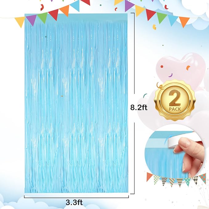 Macaron Blue Fringe Curtain Party Streamers 2Pack 3.3 x 8.3 Ft Foil Fringe - Image 2