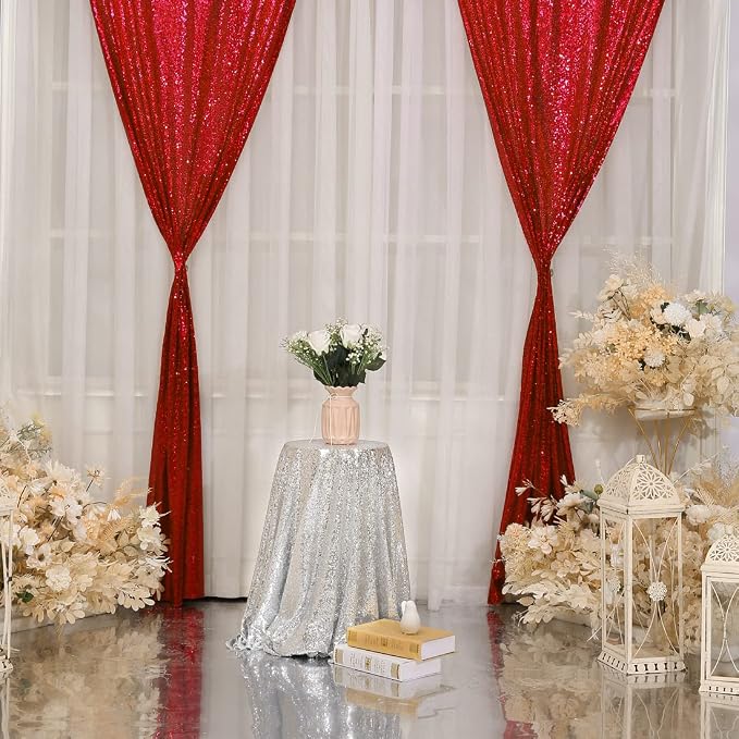 Poise3EHome Red Sequin Backdrop Curtain, 2 Panels 2Ft x 8Ft Glitter Photography - Image 7
